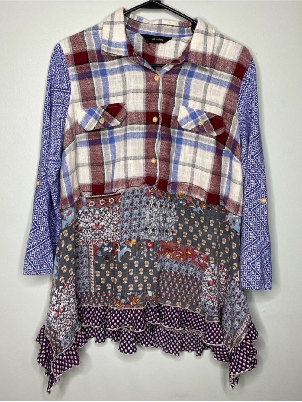 Ali miles cotton button down plaid floral mixed patterns boho Farm core